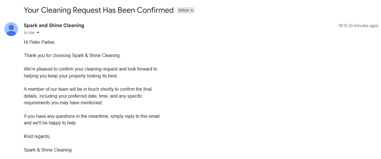 Screenshot of the confirmation email content