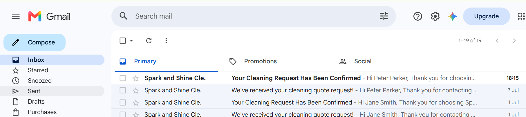 Screenshot of the confirmation email in the client's inbox