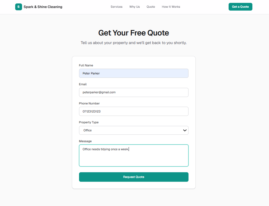 Screenshot of a client filling in a lead enquiry form