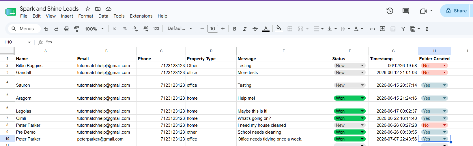 Screenshot showing the folder created status set to yes