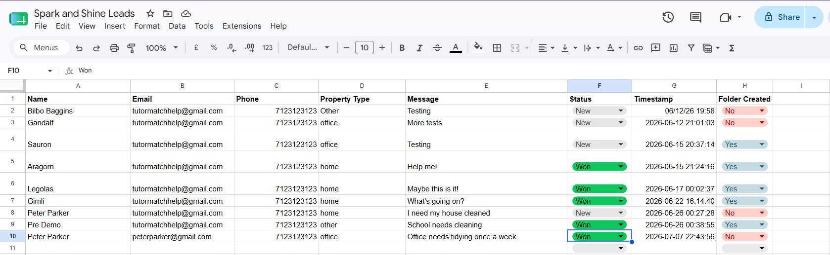 Screenshot of a lead marked as won in Google Sheets