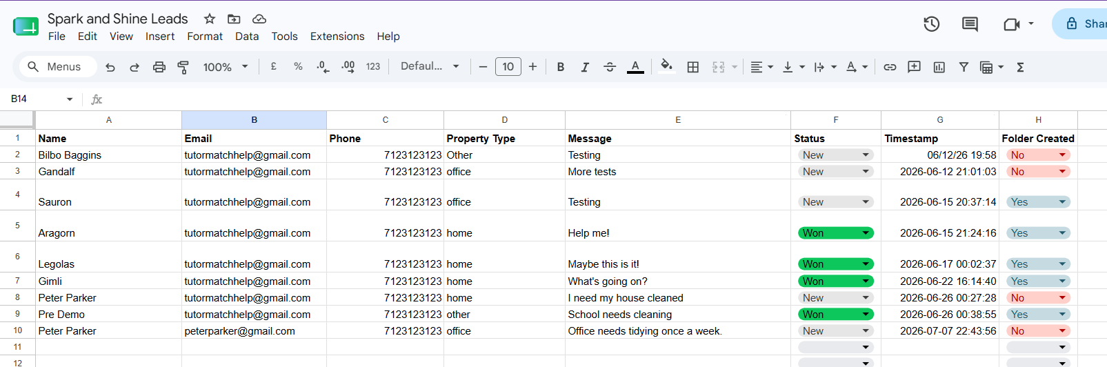 Screenshot of a new lead stored in Google Sheets